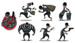 Vector cartoon image of a colored set of differents retro robbers in black masks, striped dress and with different attributes of theft in the hands on a white background.