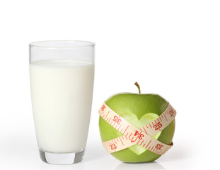 apple  and milk on a white background..