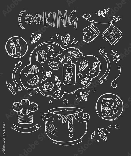 biale-ikony-jedzenia-na-tle-tablicy-i-napis-cooking