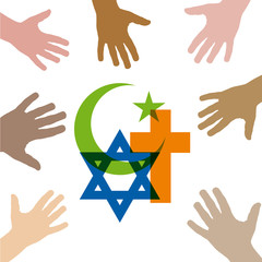 Peace and dialogue between religions. Christian symbols, jew and