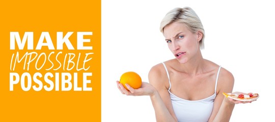 Poster - Woman deciding between pizza and orange