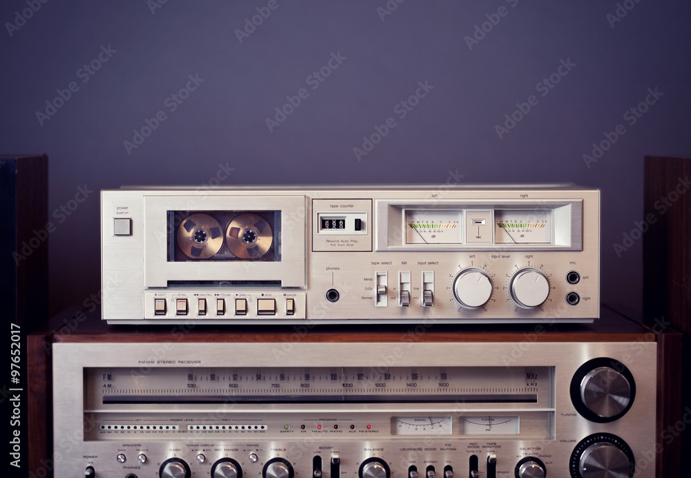 Vintage stereo cassette tape deck player recorder - obrazy, fototapety, plakaty 