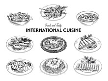 Vector Hand Drawn Sketch International Cuisine Set.