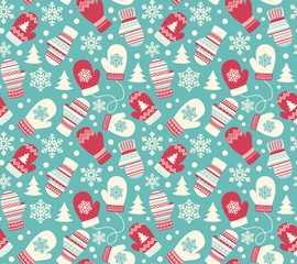 Seamless Winter Holidays Pattern with Mittens Gloves and Snowfla