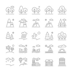 Landscape icons, thin line style, flat design