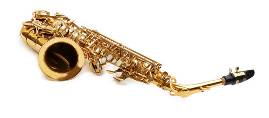 Sticker - Golden saxophone isolated on white background, close up