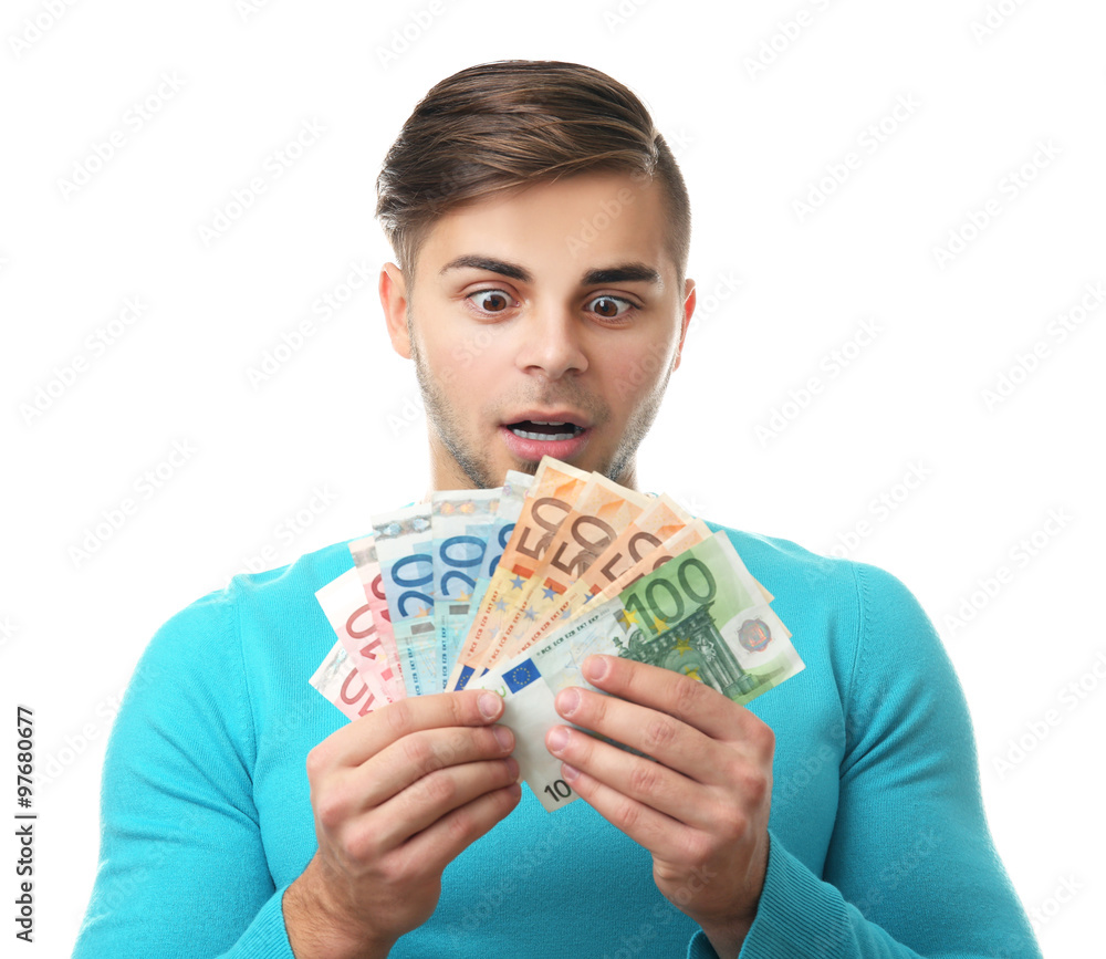Man holding money isolated on white