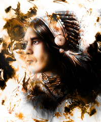 Leinwandbilder -  beautiful painting of a young indian warrior wearing a gorgeous feather headdress, profile portrait, r abstract color background, White, black and brown color