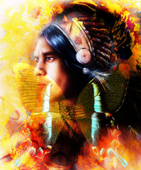 Leinwandbilder - beautiful painting of a young indian warrior wearing a gorgeous feather headdress and butterfly, profile portrait. abstract color background. Transformation concept.
