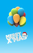 Merry X Mas font as colorful air balloons on white snow and blue background with Santa claus hat 3d render
