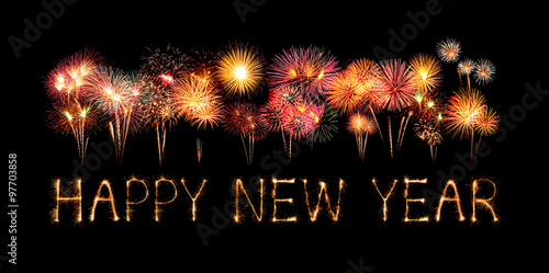 Happy New Year made of sparkles firework at night Poster