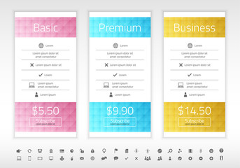 Modern pricing list with 3 options in turquoise, blue and raspberry color. Set of icons included