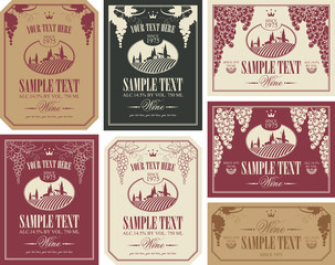 Wall Mural - wine label set with a landscape of vineyards in retro style