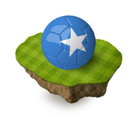 3d realistic soccer ball with the flag of Somalia on a piece of rock with stripped green soccer field on it. See whole set for other countries.