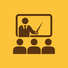 The training icon. Teacher and learner, classroom, presentation, conference, lesson, seminar, education symbol. Flat