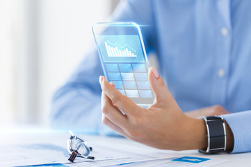 Canvas Print - close up of woman with transparent smartphone