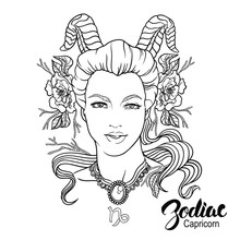 Zodiac. Vector Illustration Of Capricorn As Girl With Flowers. I