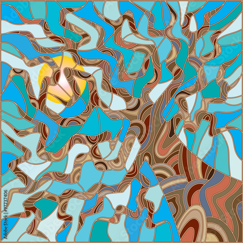 abstrakcjonistyczna-ilustracja-w-witrazu-stylu-z-drzewem-na-nieba-sloncu-i-tle