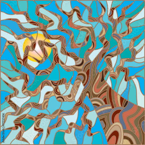 Tapeta ścienna na wymiar Abstract illustration in stained glass style with tree on sky background and sun