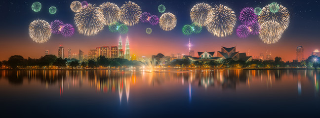 Beautiful fireworks above cityscape of Kuala Lumpur skyline