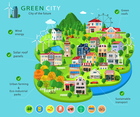 Set of city buildings and houses, eco parks, lakes,  farms, wind turpines and solar panels, ecology infographic elements. Essential elements of green city. Flat concept of ways to protect environment