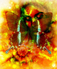 Poster -  young girl angelic face and a butterfly. Structure and color Collage art.