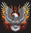Eagle holding motorcycle engine with flames