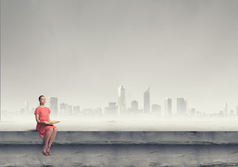 Wall Mural - girl in dress read book