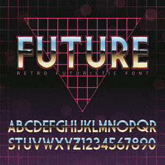 Wall Mural - Shiny Chrome Alphabet in 80s Retro Futurism style. Vector font on cityscape background