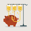 Healthy piggy bank getting a money doping. Money savings concept cartoon illustration
