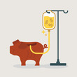 Weak piggy bank getting a money transfusion. Money savings concept cartoon illustration