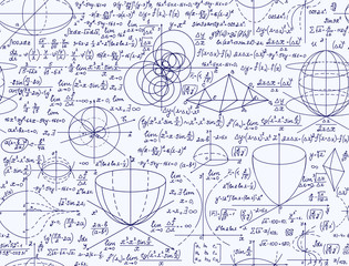 Scientific vector seamless pattern with handwritten mathematical equations, formulas, plots, figures and calculations