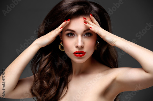 Beauty Model Woman With Long Brown Wavy Hair Red Lips And Smoky
