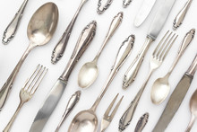 Fancy Silver Cutlery Set On White Background - Old Sterling Flatware Set / Pattern