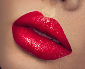 Wall Mural - Sexy lips. Beauty red lips makeup closeup