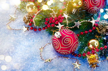 Wall Mural - christmas decorations over snow background. christmas holiday art design