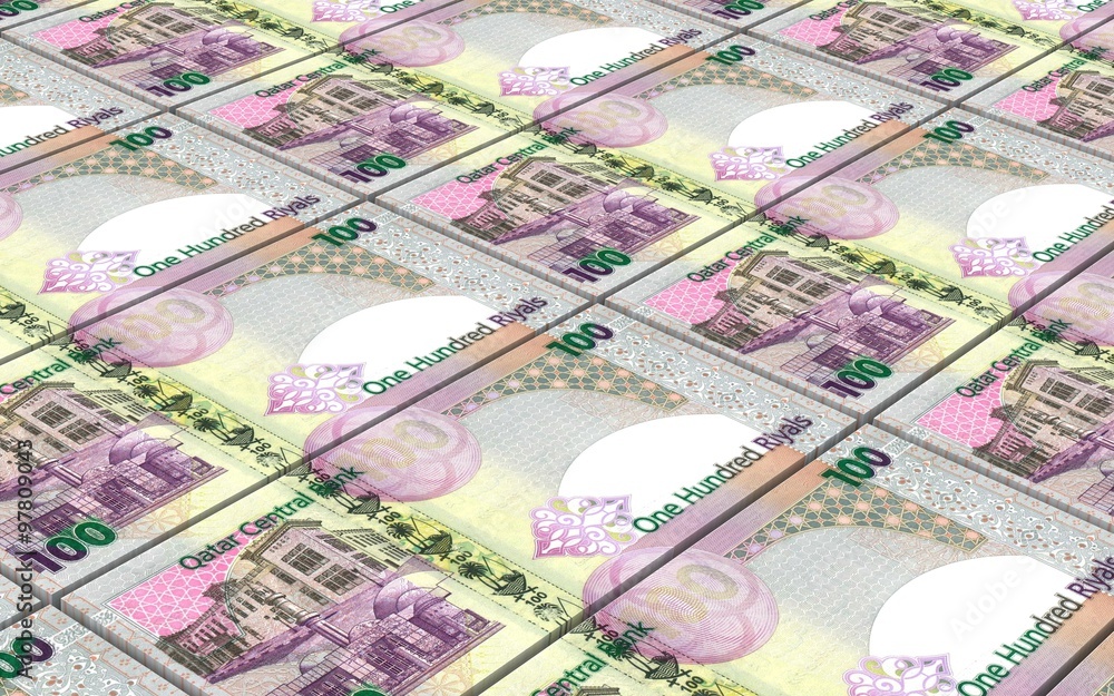 Background Riyal Qatar riyal bills stacks background. Computer generated 3D photo ...