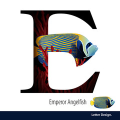 Vector illustration of Letter E for Emperor Angelfish with coral