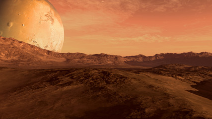 red planet with arid landscape, rocky hills and mountains, and a giant mars-like moon at the horizon