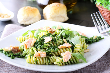 Wall Mural - Pasta with arugula pesto and salmon