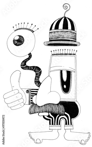 Fotomural simple black on white drawing - funny cartoon man with big nose and big eyes