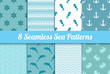 © hvsht - Set of seamless sea patterns. Wave, anchor, dolphin, crab, steer