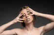 © never1mind - High fashion look, closeup beauty portrait of beautiful young woman model with bright makeup with perfect clean skin with colorful gold lips