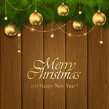 Golden Christmas Decorations On Wooden Background