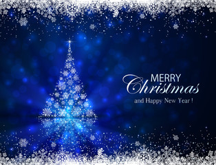 Wall Mural - Shiny blue background with Christmas tree