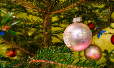 Beautiful colorful christmas decorations hanging on christmas tr