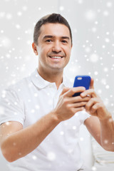 Poster - happy man with smartphone at home