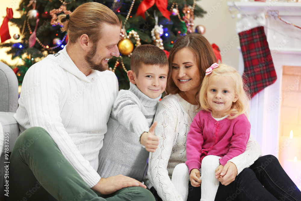 Christmas family portrait in home holiday living room