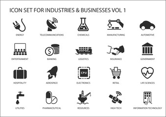 business icons and symbols of various industries / business sectors like financial services industry