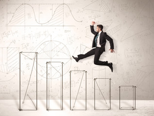 Wall Mural - Fast business man jumping up on hand drawn charts